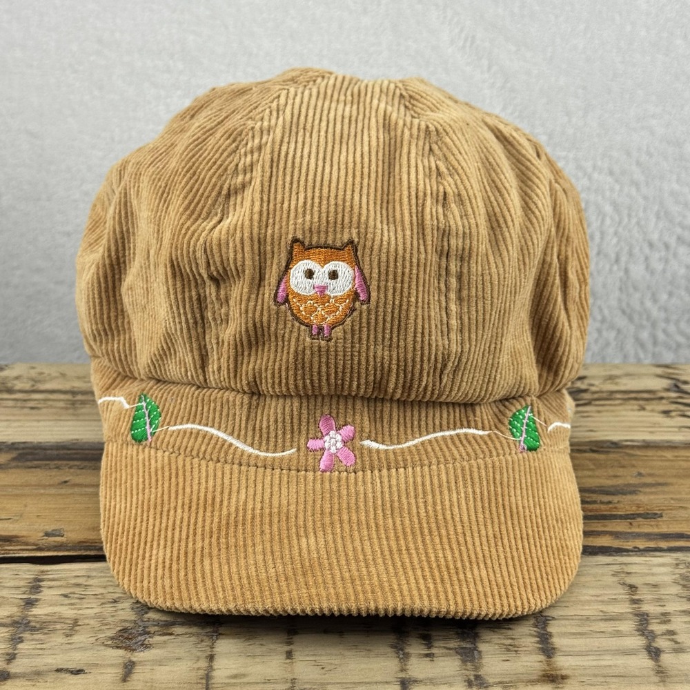 Owl Hat Newsboy Fitted‎ Kids Small Brown Corduroy Embroidered Flowers Cute